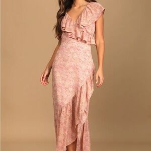 Lulu’s Dreamy Vibe Lavender Paisley Print Ruffled Asymmetrical Dress.